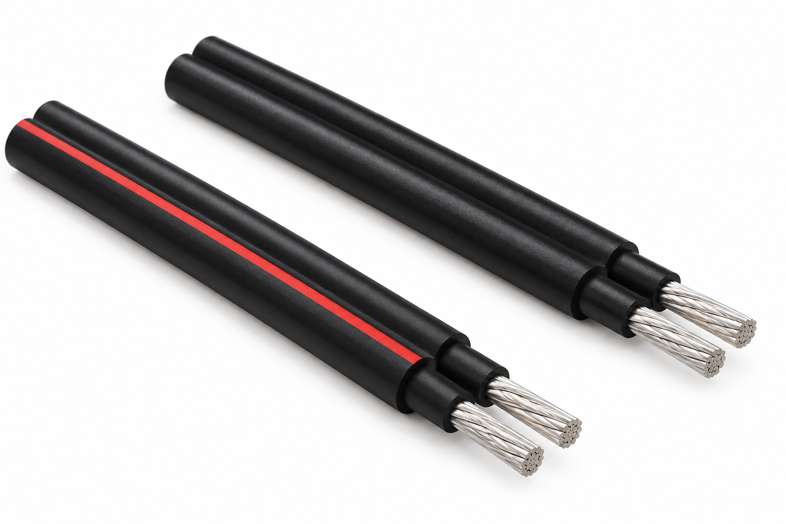 Twin core solar cable — black with red stripe and plain black